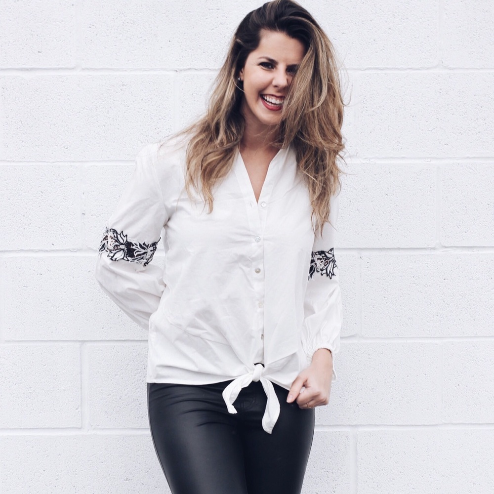 Lace Elbow Button Down Blouse